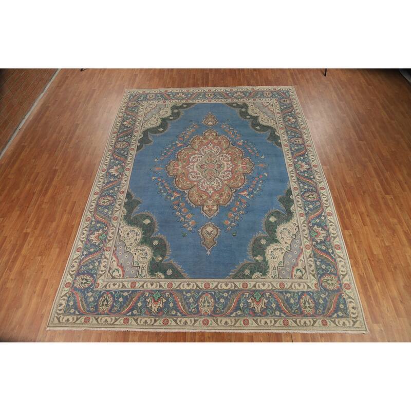 Blue Tabriz Persian Vintage Rug Handmade Wool Carpet - 9'7" x 13'0"