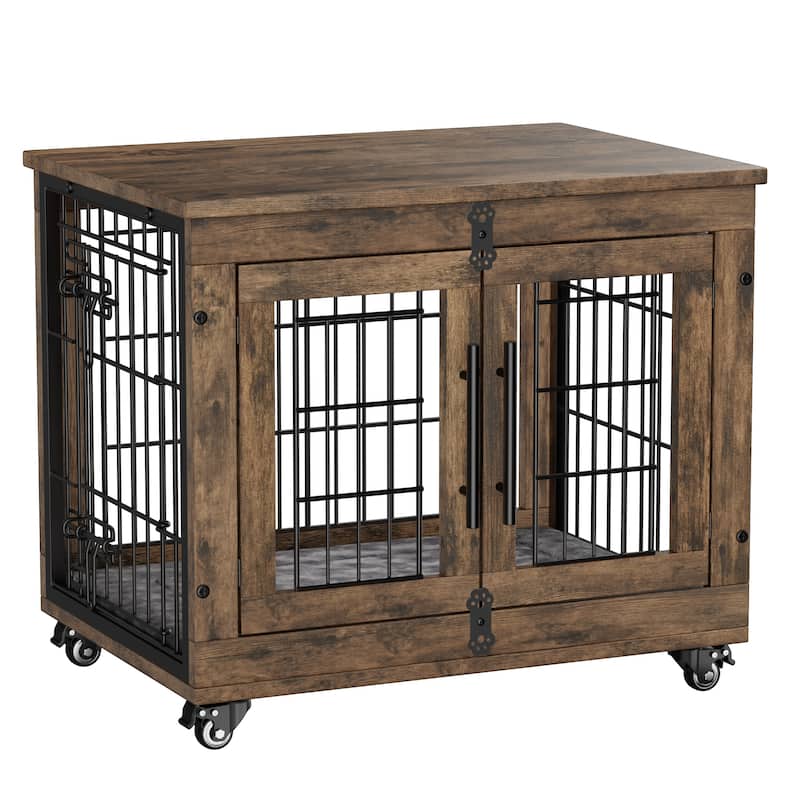 Dog Crate Indoor Heavy Duty Double Doors Wooden Dog Cage with Cushion - 27.1"×20“W×23”H - Brown - Assembly Required