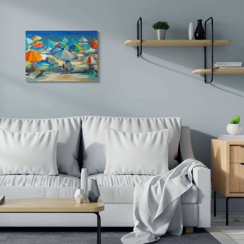 Stupell Colorful Beach Umbrella Landscape Nautical Deep Blue Canvas Wall Art