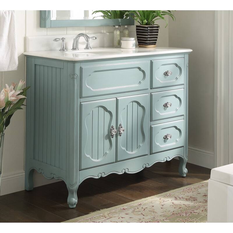Benton Collection 42 Inch Light Blue Cottage Chic Bathroom Vanity With Marble Top - Painted - Vintage Light Blue - Single Vanities