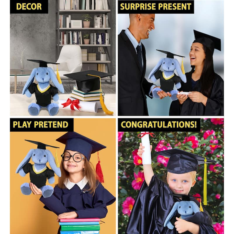 DolliBu Baby Blue Rabbit Graduation Plush Toy with Gown and Cap Outfit - 8 inches