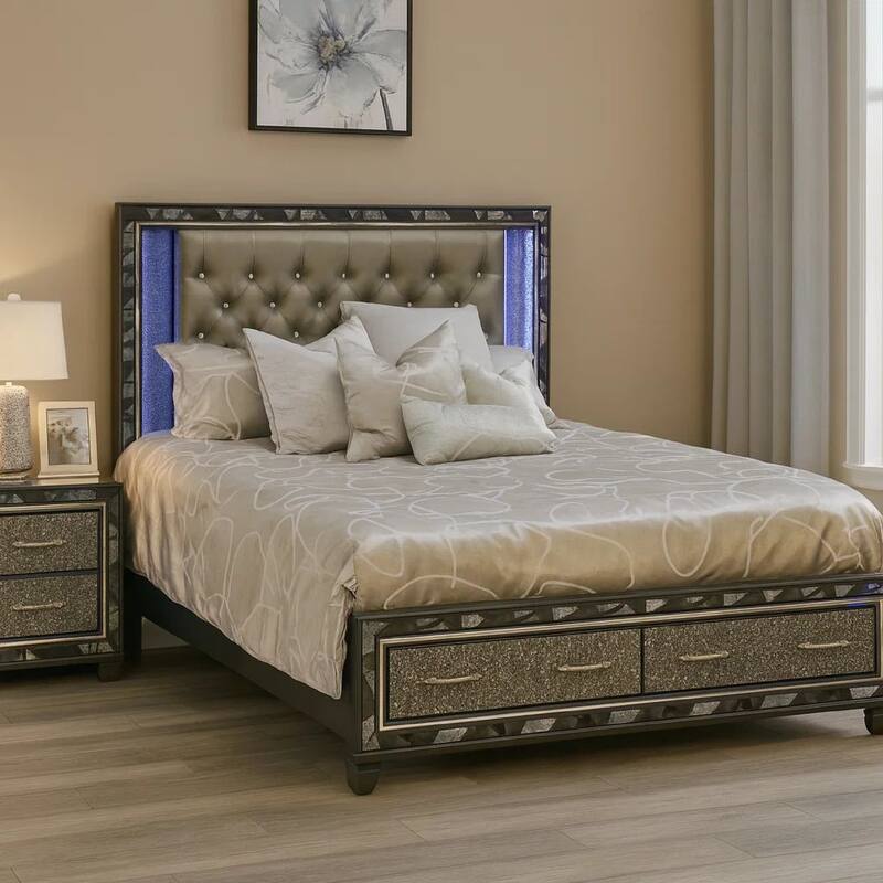 Bet King Bed, Silver Faux Leather Upholstery, LED, Crystal Accents, Black