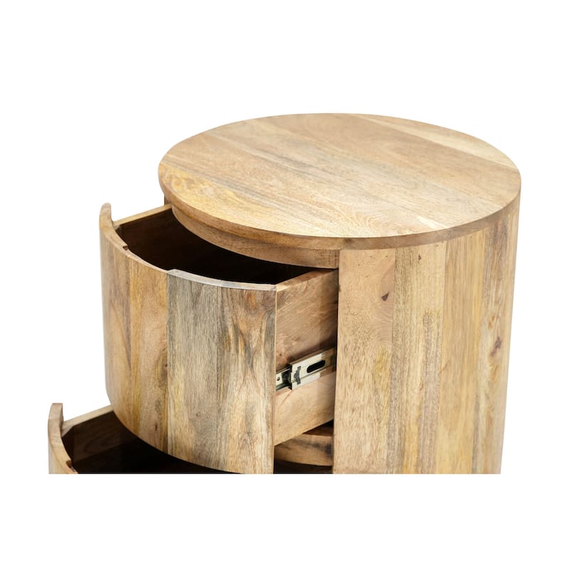 HomeRoots 24" Natural Solid Wood Round Drum End Table With Two Drawers - 18 in. x 24 in. x 18 in.