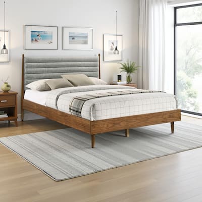 Mian Queen Platform Bed Frame, Channel Tufted, Walnut, Gray Upholstery