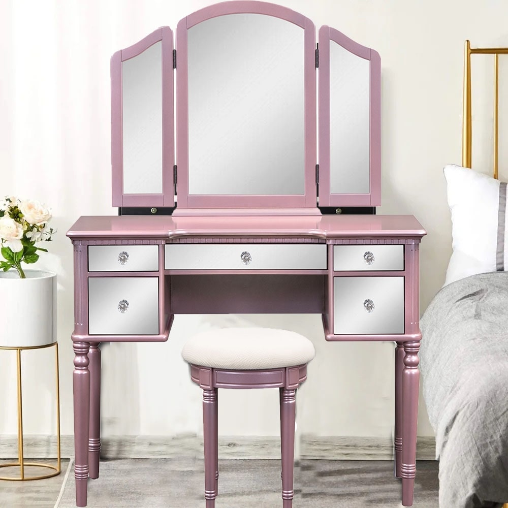 Pink Vanity Desk with Tri fold Mirror Dressing Table Set Makeup