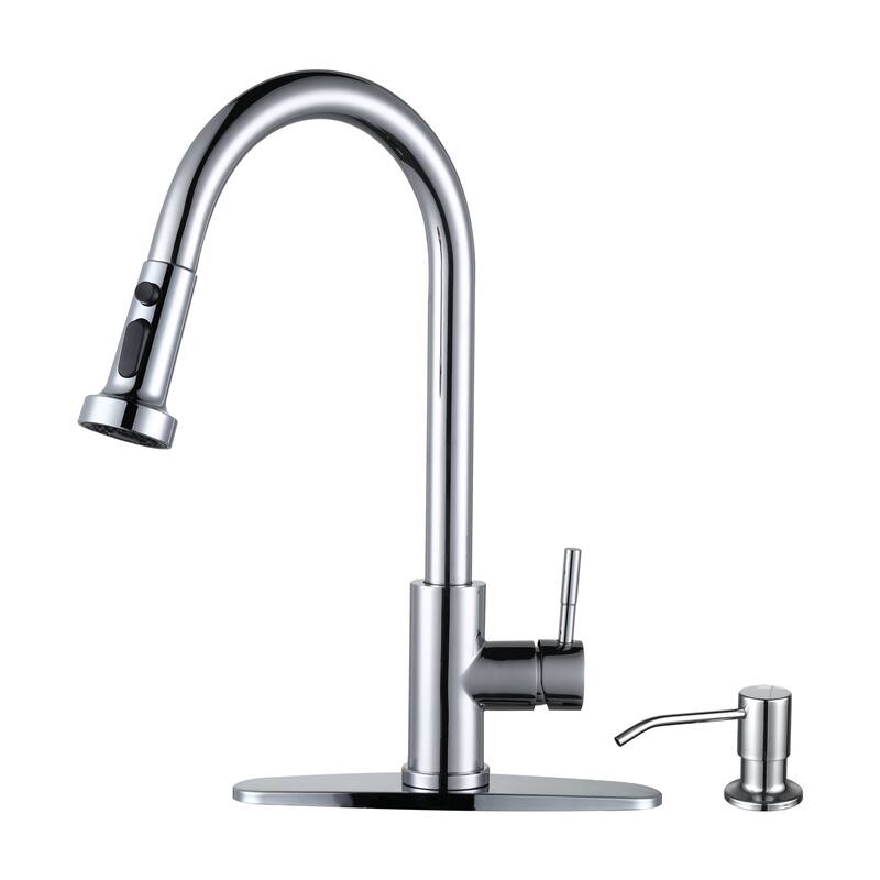 WOWOW Pull-Down Sprayer Kitchen Faucet with Soap Dispenser - Chrome/Clear