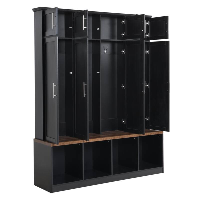 Versatile Hall Tree with 4 Hanging Hooks, Brown Wood Grain Bench with Multiple Storage Space