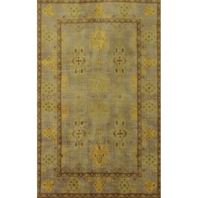 Hand-knotted Transitional Silk Carpet Green Oushak Rug Geometric Oriental Area Rug - 8' 0'' X 4' 11''