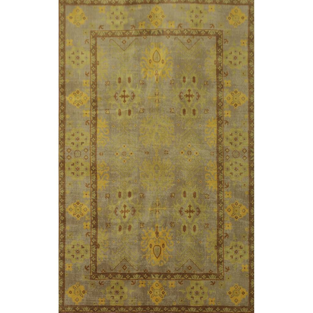 Hand-knotted Transitional Silk Carpet Green Oushak Rug Geometric Oriental Area Rug - 8' 0'' X 4' 11''