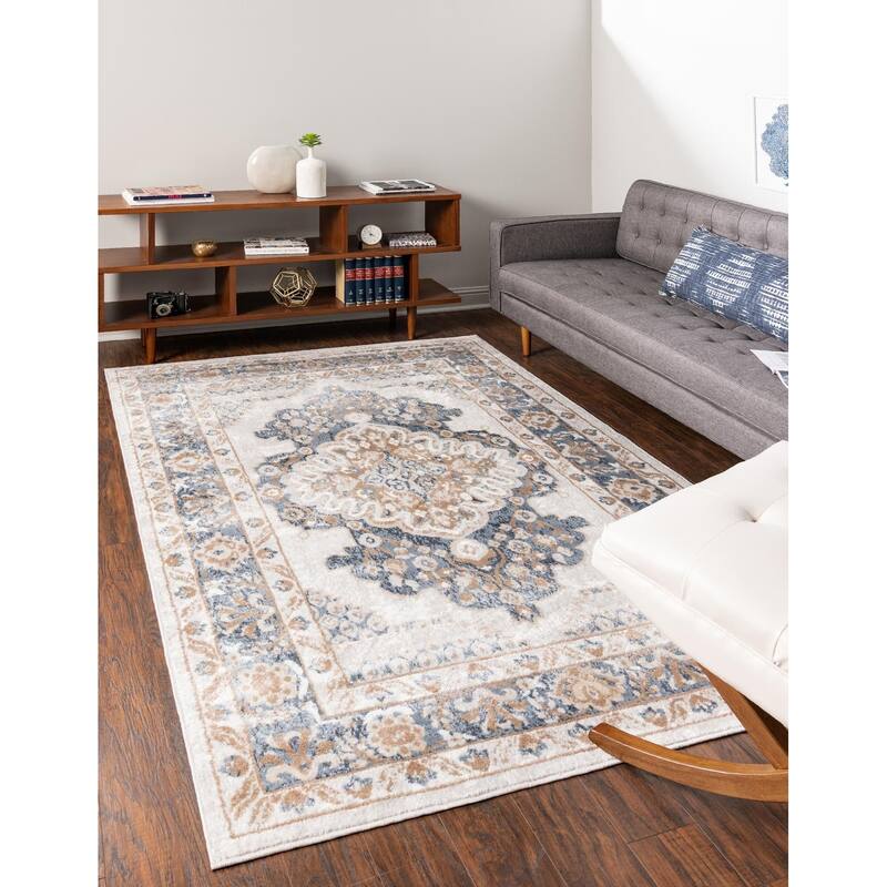 Contemporary Trabzon Collection Area Rug - Ivory-Blue - 6'x9'