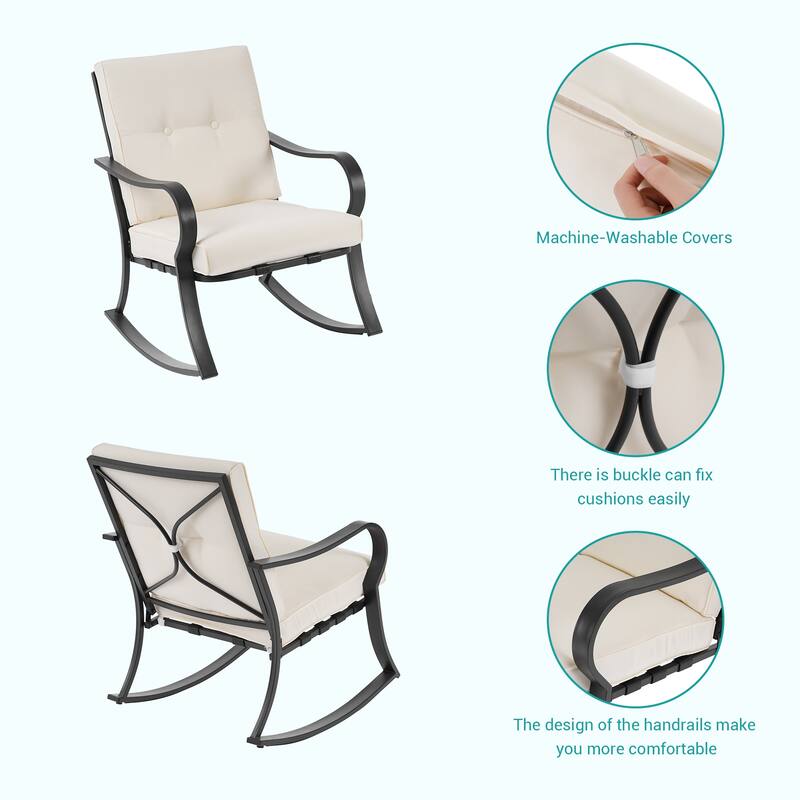 Bonosuki 3 Pieces Patio Bistro Set, Outdoor Funiture Set with 2 Rocking Chairs, Tempered Glass Top Coffee Table and Cushion