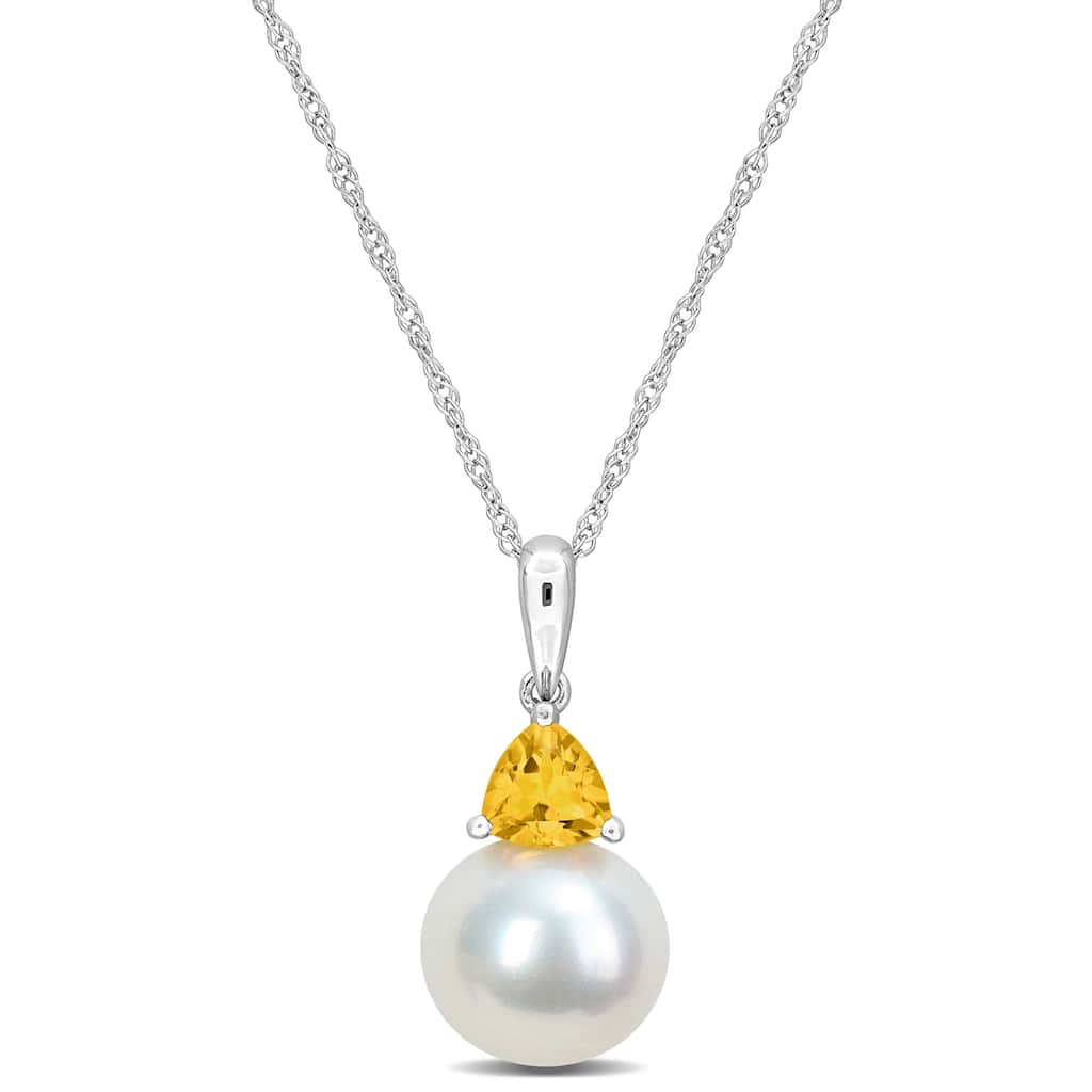 Miadora 8-8.5mm Cultured Freshwater Pearl and 1/4ct TGW Citrine Pendant with Chain in 10k White Gold - 19 mm x 8.3 mm