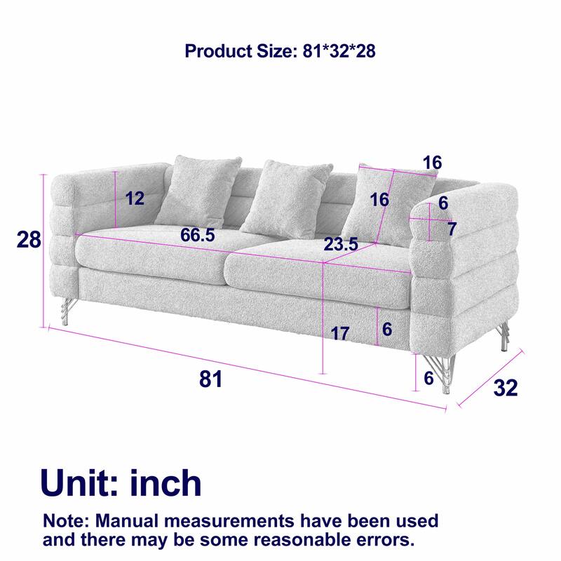 Roomfitters 81" 3 Seater Sectional Sofa, Modern Boucle Upholstered Couch with Gold Legs and 3 Pillows for Living Room