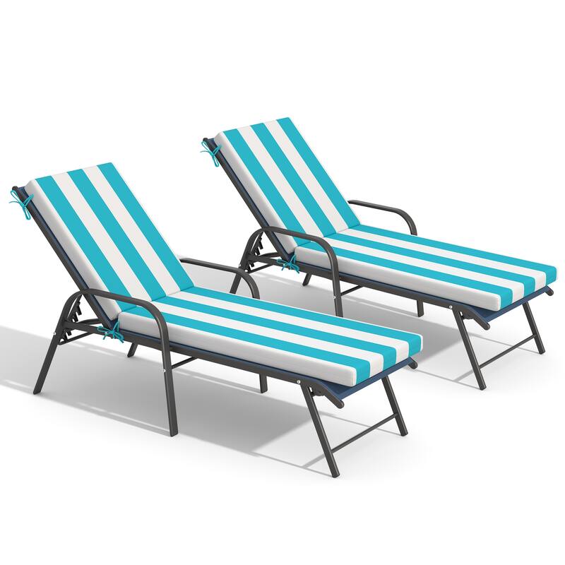 Pellebant Outdoor Adjustable Patio Chaise Lounge Chairs with Cushions - Chair-NavyBlue&Cushion-BlueWhite