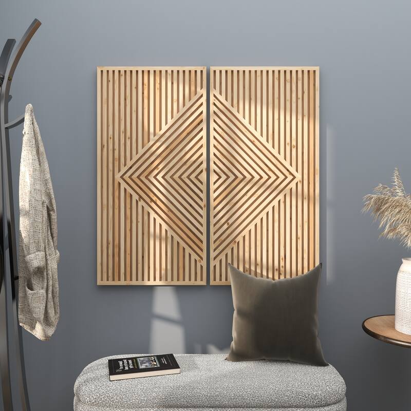 Brown Wood Carved Geometric Home Wall Decor (Set of 2)