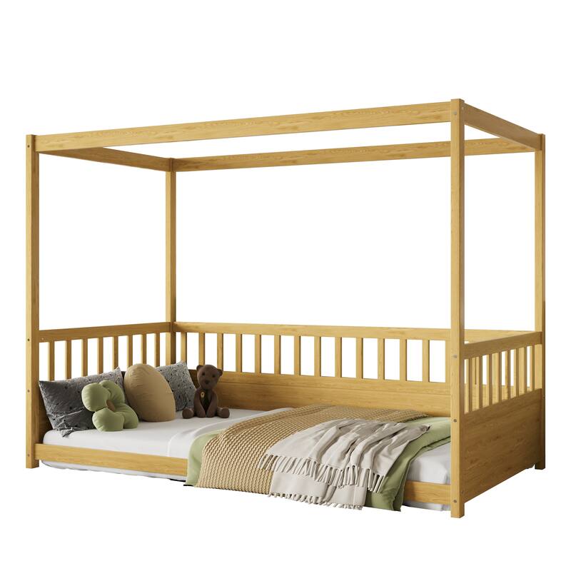Children's Playful Canopy Bed Montessori Twin Size Open Floor Bed Frame with Baffle Panels and Multi-sided Guardrail Protection