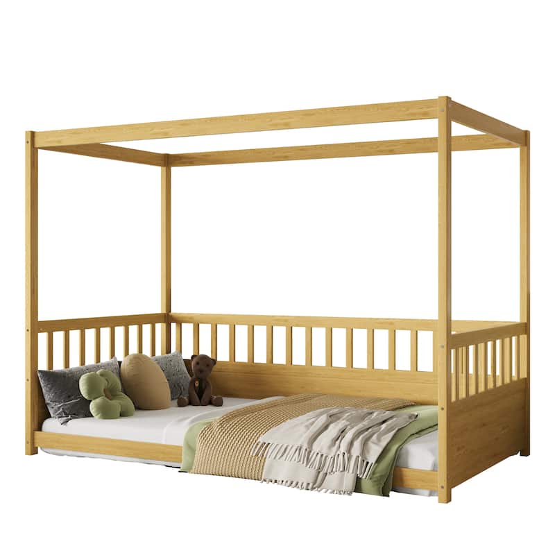 Full Size Montessori Canopy Floor Bed for Kids with Tall Safety Guardrails, Wooden Low Platform Bed Frame with Roof Structure