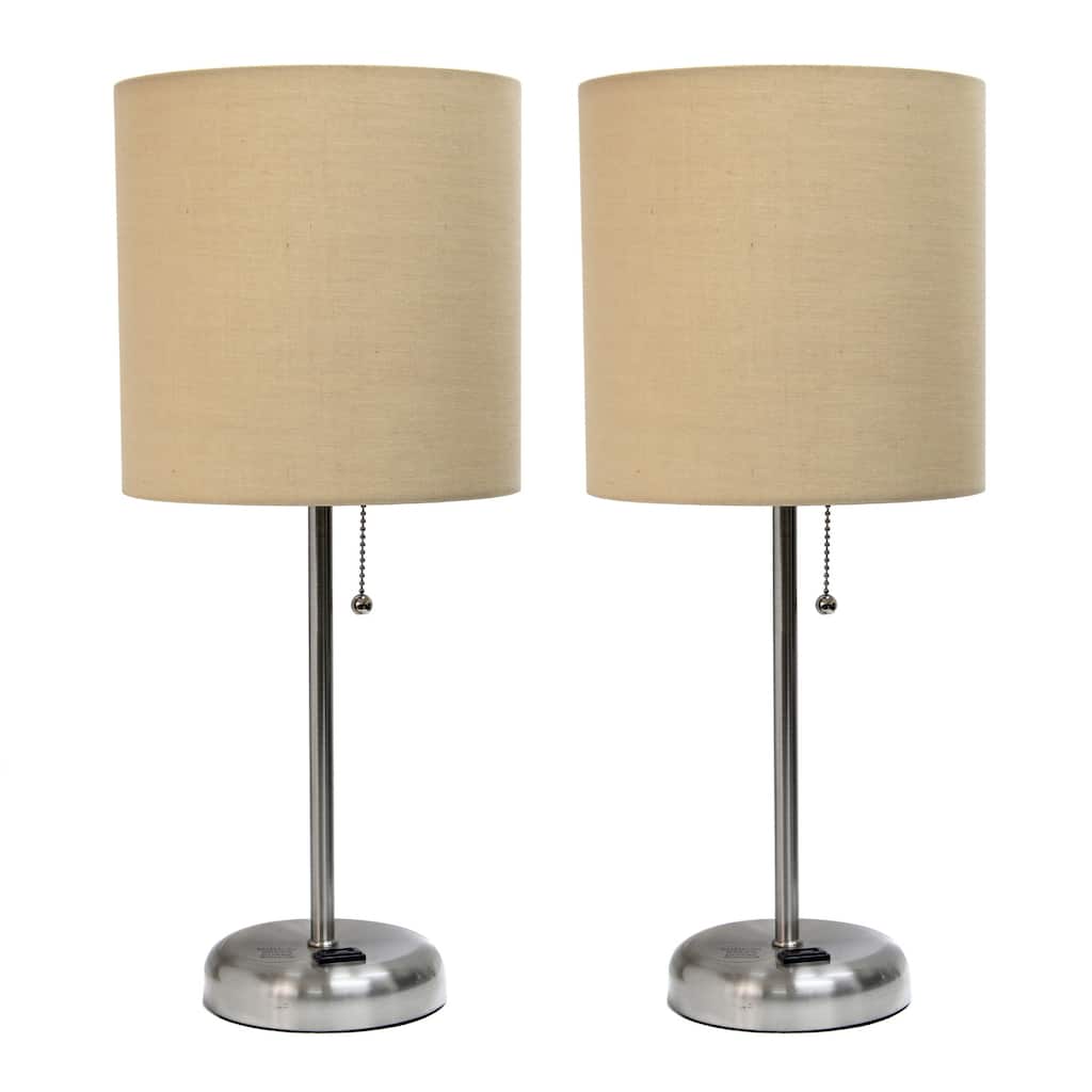 19.5 in. Brushed Steel Finish Table Lamp with Beige Shade, Desk Lamp for Writing and Computer Desks, Set of 2