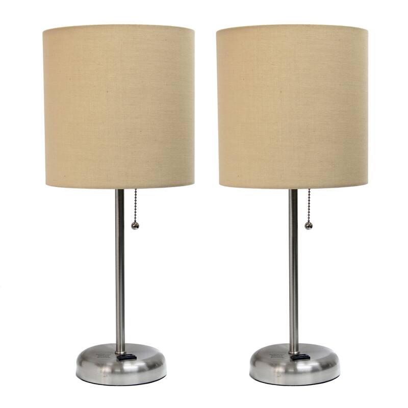 19.5 in. Brushed Steel Finish Table Lamp with Beige Shade, Desk Lamp for Writing and Computer Desks, Set of 2