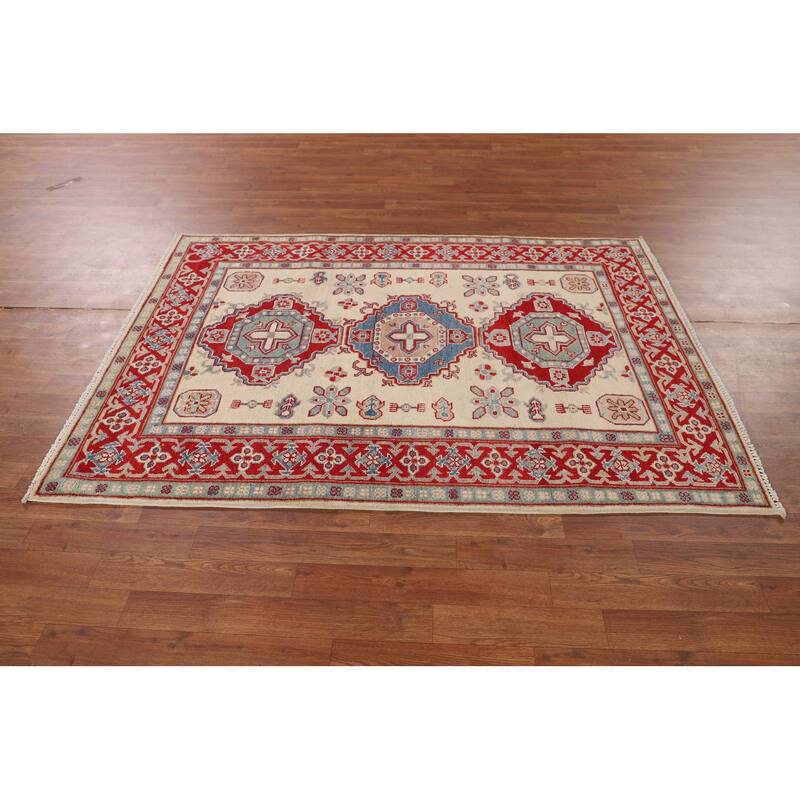 Kazak Area Rug Hand-Knotted Wool Carpet - 4'3" x 6'0"