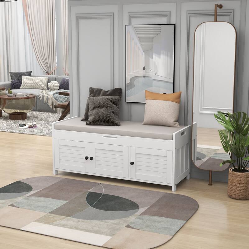 Rustic Storage Bench with Shutter-Shaped Doors & Removable Cushion - Perfect for Farmhouse Homes