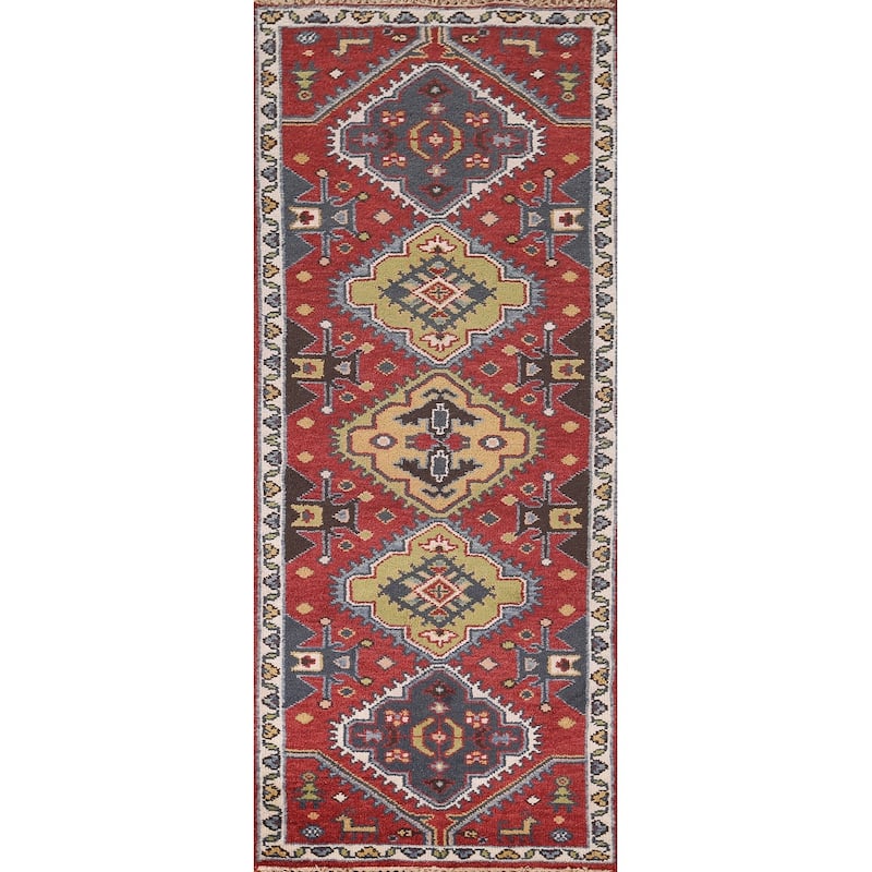 Red Geometric Kazak Oriental Runner Rug Hand-Knotted Wool Carpet - 2'7"x 8'1"