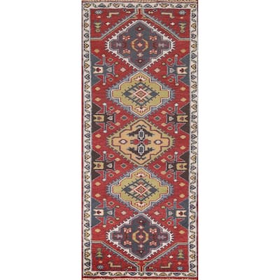 Red Geometric Kazak Oriental Runner Rug Hand-Knotted Wool Carpet - 2'7"x 8'1"