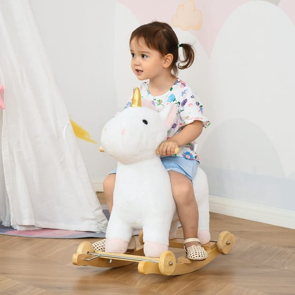 slide 2 of 9, Qaba Rocking Horse, 2 in 1 Kids Ride on Horse, Rolling Unicorn Animal Rocker with Sound, Wooden Base, Pedal, Grip Handle White