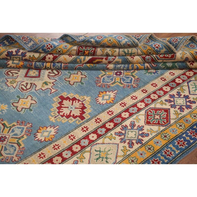 Hand Knotted Oriental 100% Wool Carpet Traditional Geometric Navy Blue & Blues Kazak Area Rug - 9' 6'' X 6' 6''