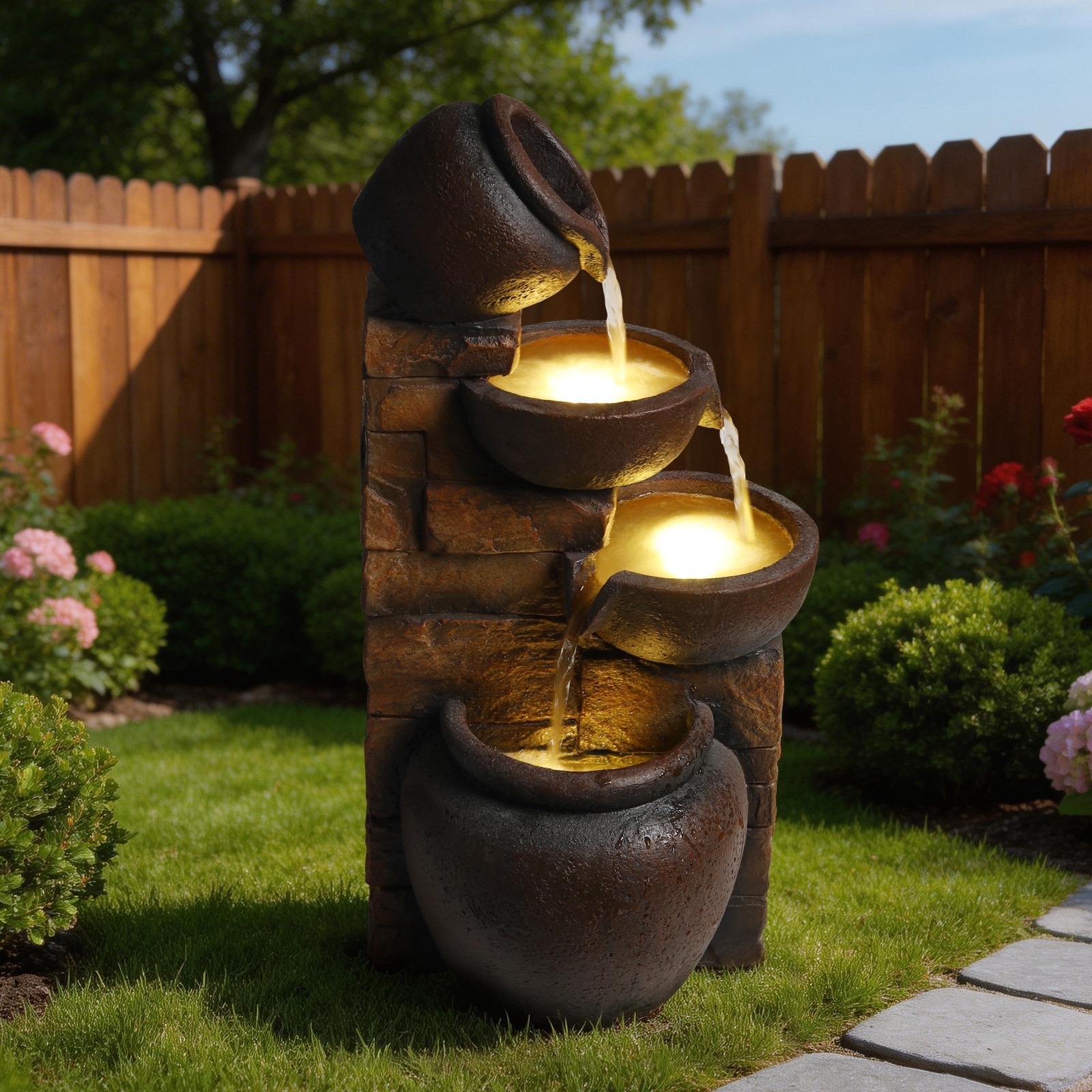 GDFStudio - Outdoor Rustic Resin 4-Tier Pot Cascading Water Fountain 25.6"H with LED Lighting