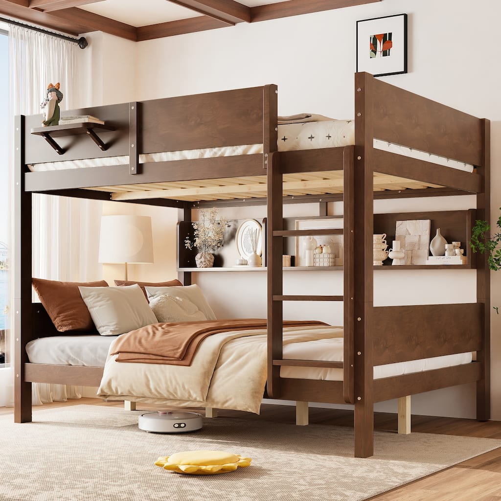 Queen over Queen Bunk Bed with Storage Shelves, Tray, and Upgraded Slats