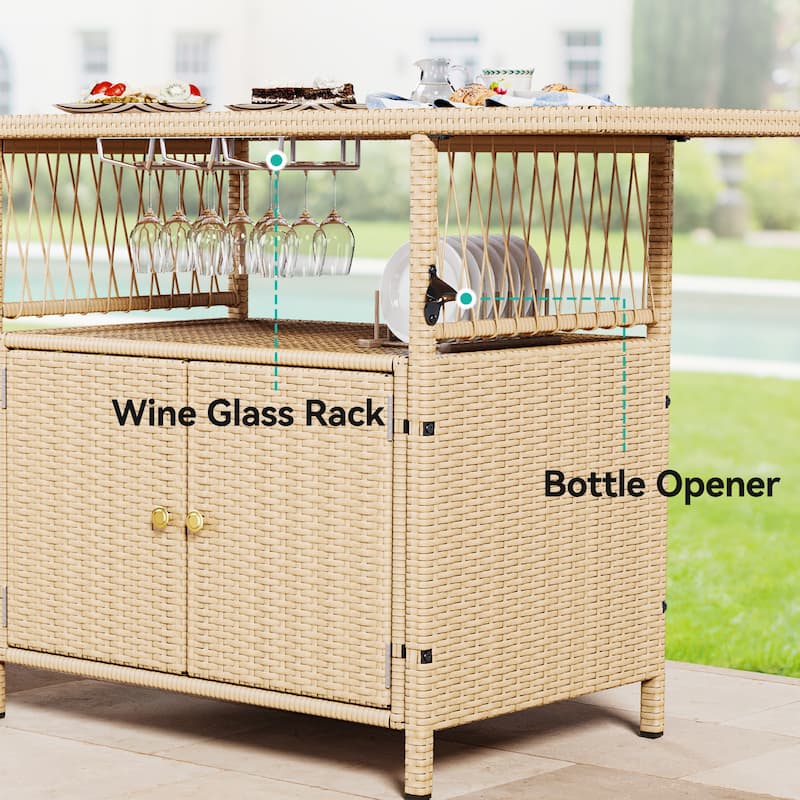 Moasis Outdoor Storage Cabinet Patio Wicker Bar Counter Backyard Furniture w/Plastic Wood Tabletop - 50.4"L x20.9"W x 33.9"H