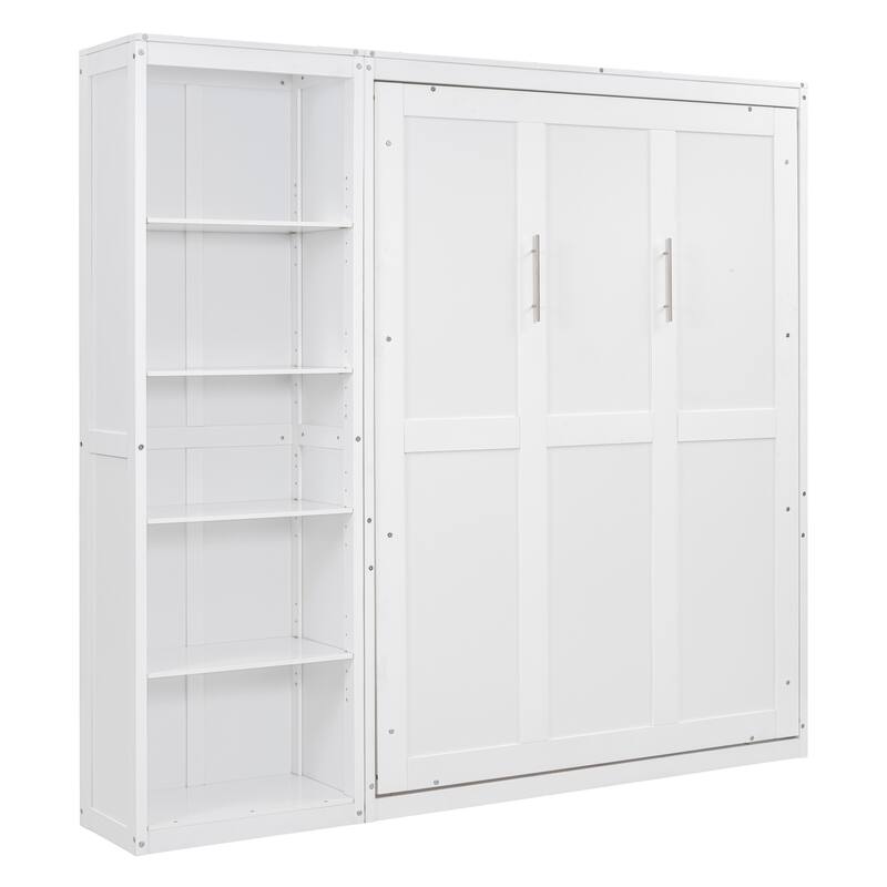 Space Saving Murphy Bed Wall Bed with 5 Layer Storage Shelves, Wood Foldable Platform Bed Frame, No Box Spring Needed