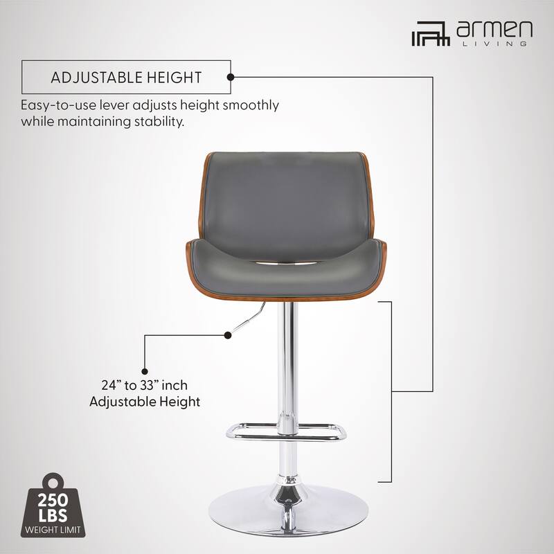 Swivel Bar Stool with Grey Faux Leather Seat, Chrome Base, Walnut Accents, Adjustable Height Modern Barstool