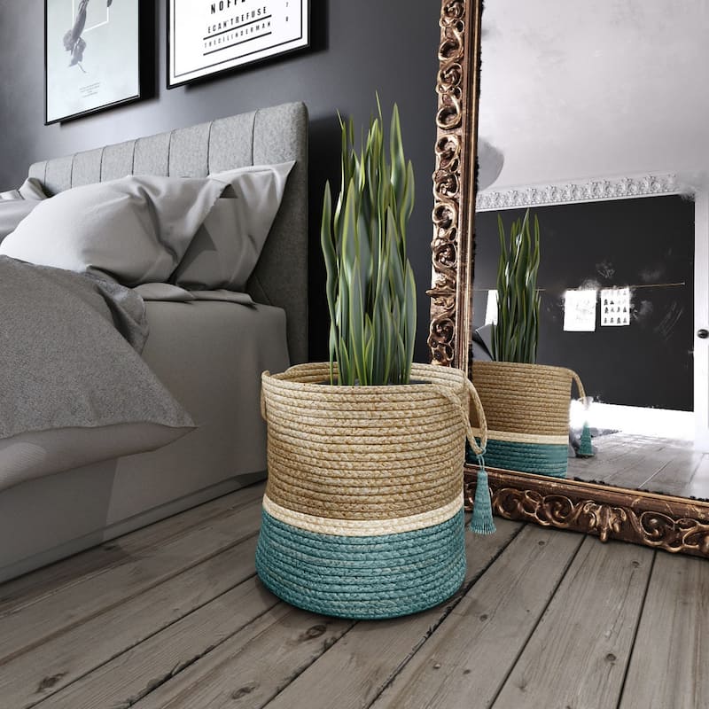 Sevita Teal and Natural Jute Color Block Storage Basket with Handles - 19" x 19" x 19"