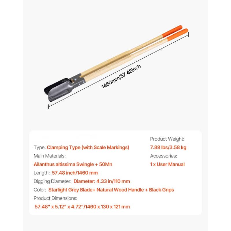 Black and Natural Wood Handle Post Hole Digger with 50Mn Steel Blade Clamping and Scale Markings - Length: 57.48 inch