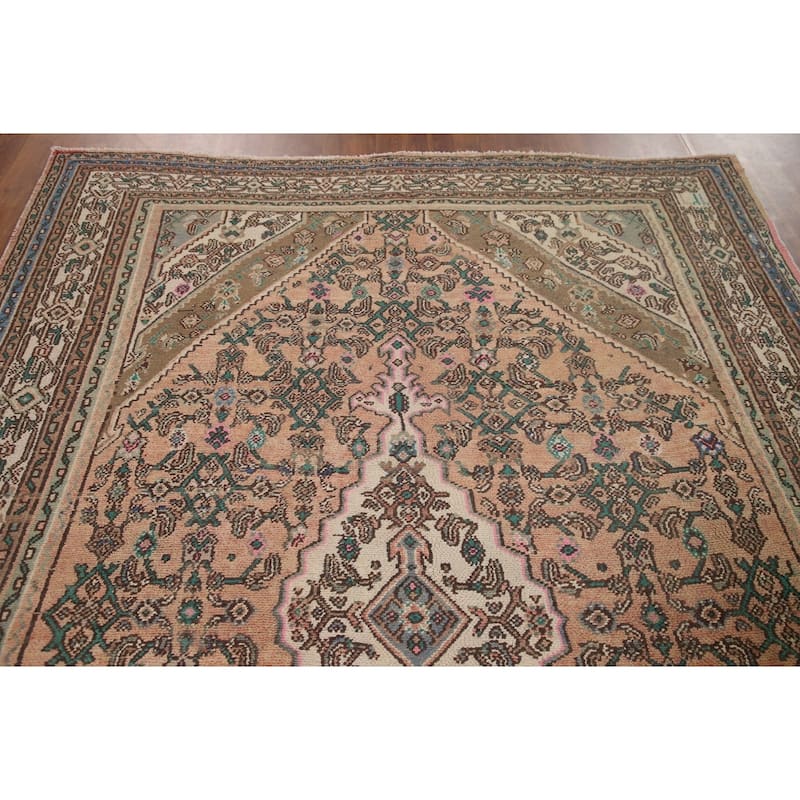 Pink Geometric Hamedan Persian Vintage Rug Hand-knotted Wool Carpet - 6'10" x 9'11"