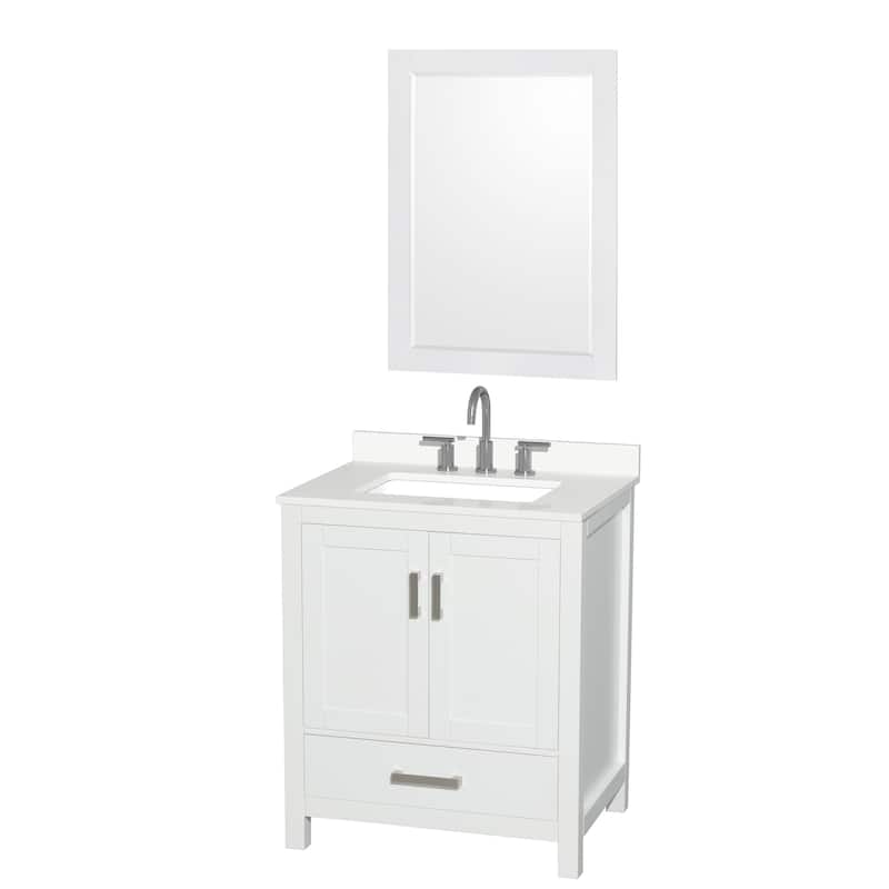 Sheffield 30-inch Single Vanity, 3 Hole Quartz Top, 24-inch Mirror - White, Chrome Trim, White Quartz Top