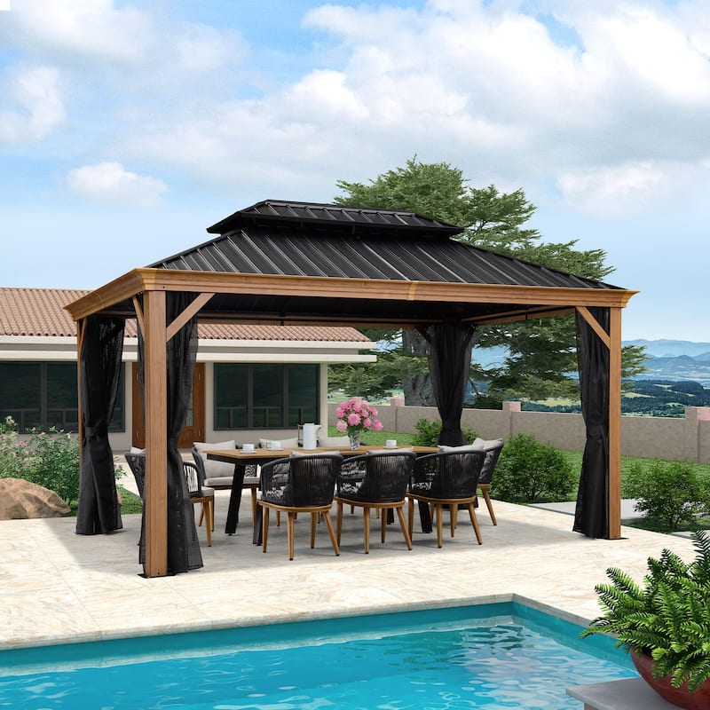 PURPLE LEAF Hardtop Gazebo Galvanized Steel Roof Gazebo Pergola w Wooden Coated Alumninum Frame and Mosquito Net - 10ft x 14ft - Wood Grain