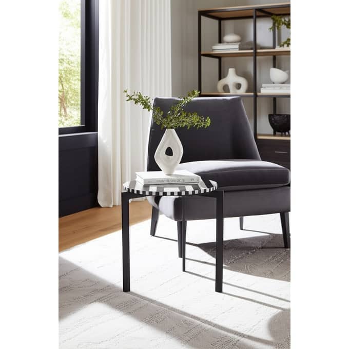 Wood Side Table Round Geometric Top Sleek Base - 23" Black/White - 20.5" x 17" x 22.5"