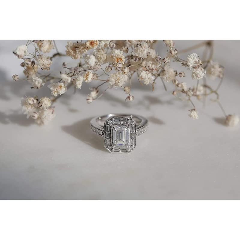 Annello by Kobelli 10K Gold Forever One Moissanite The Daisy Art Deco Emerald Engagement Ring (DEF/VS, HI/I, HI/I)