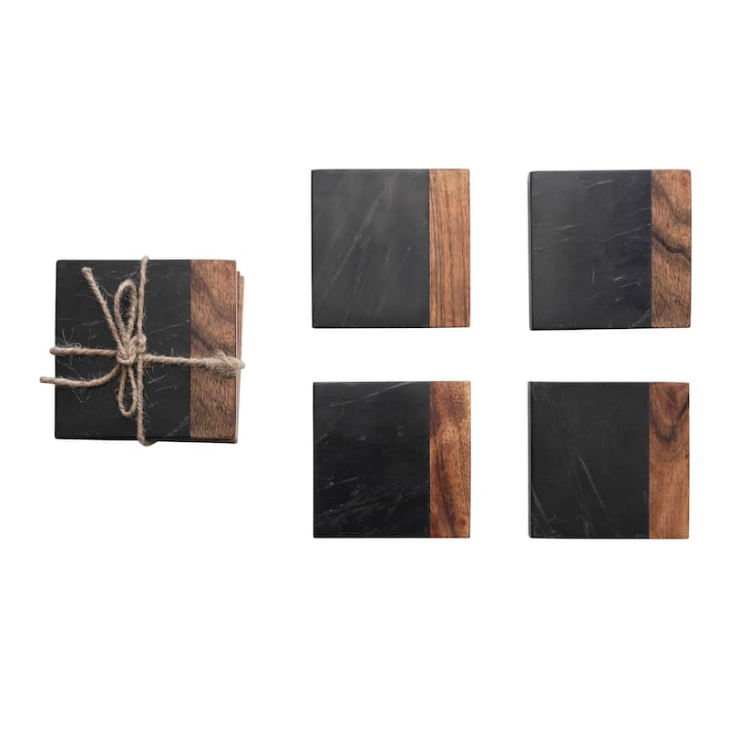 Marble and Acacia Wood 2-Tone Coasters - 4.0"L x 4.0"W x 0.5"H - Black - 4.0"L x 4.0"W x 0.5"H