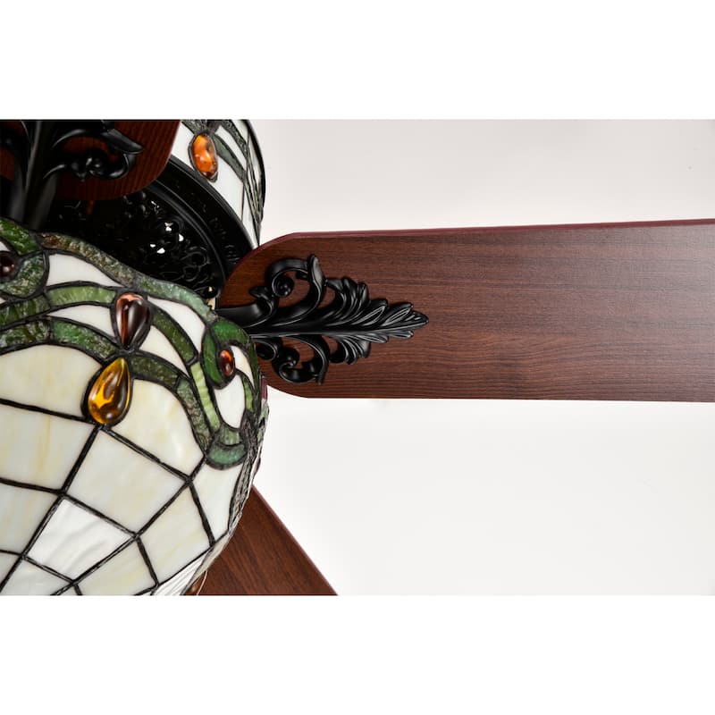 Elke Black Tiffany Style Two Tiered Lighted Ceiling Fan White and Green Shade with Remote Control - WhiteGreen