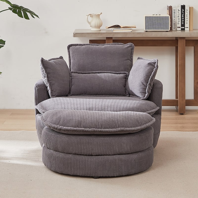 38"W Oversized Round Swivel Barrel Chair with moon storage ottoman and 4 Pillows