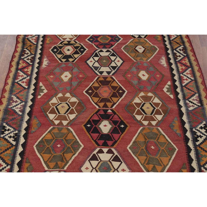 Hand Woven Oriental 100% Wool Carpet Southwestern Tribal Red Kilim Area Rug - 6' 11'' X 5' 3''