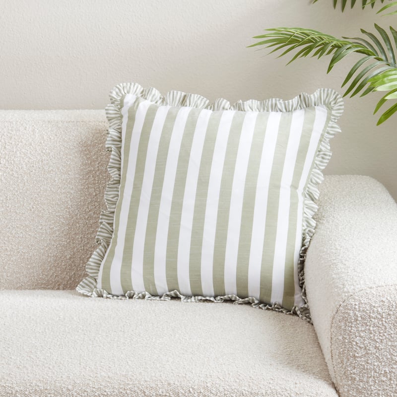 Striped Ruffle Edge Cotton-Blend Throw Pillow - Classic Cabana Stripe Design for Sofa, Bed & Accent Styling