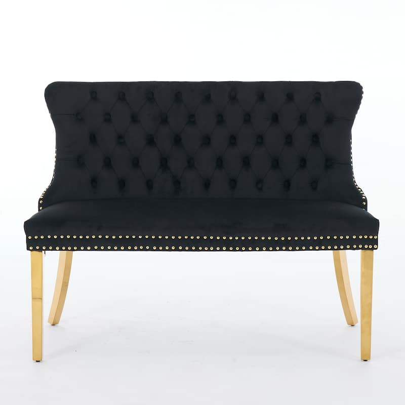 Velvet Double Dining Loveseat Bench, 2-Seat Tufted Bench w/Handmade Buttons, Wing Back, Gold-Plated Steel Legs, Single Pack