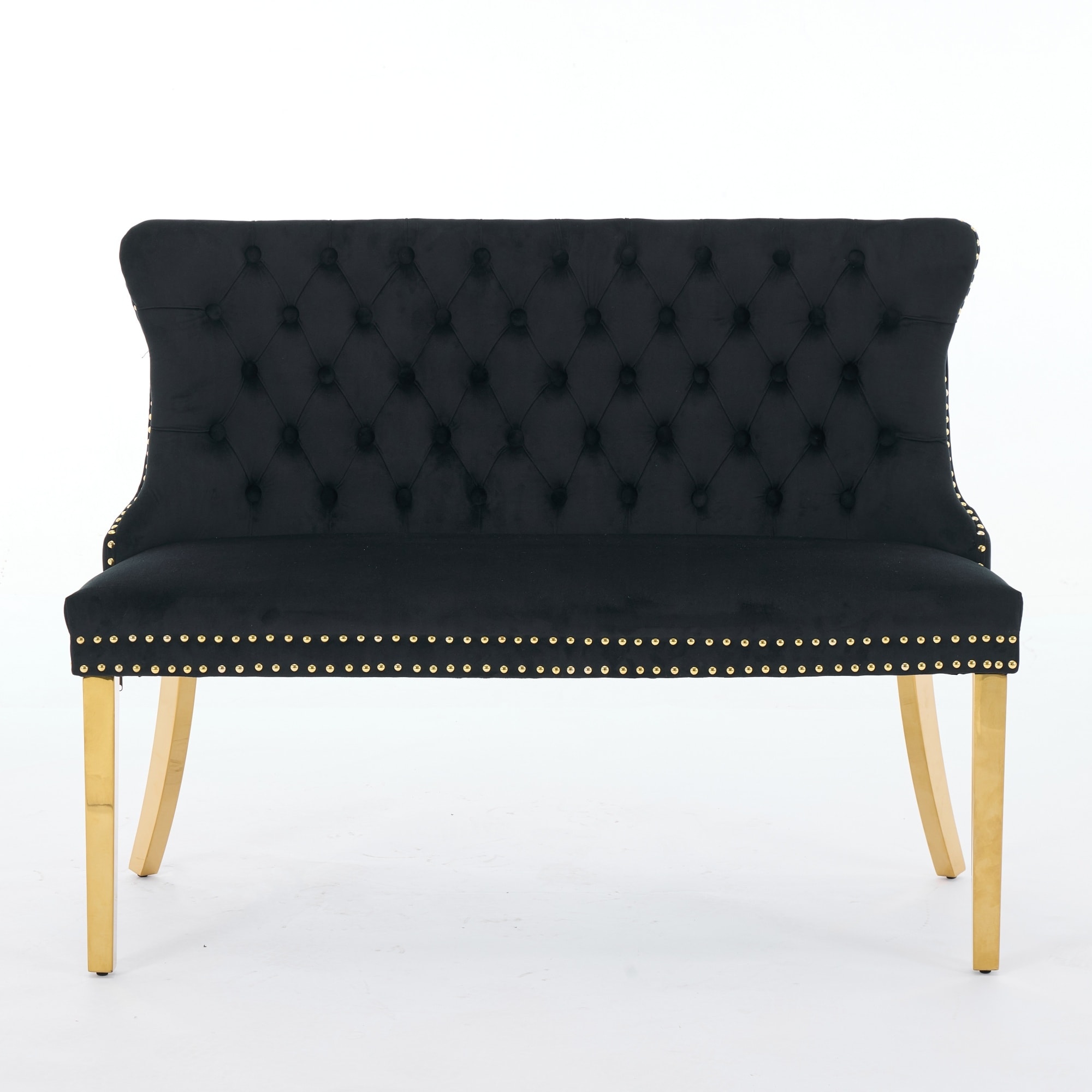 Velvet Double Dining Loveseat Bench, 2-Seat Tufted with Handmade Buttons, Wing Back, Gold-Plated Steel Legs, Single Pack
