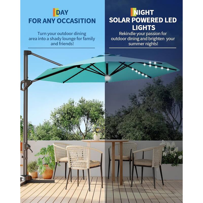 10FT Outdoor Cantilever Umbrella Patio Umbrella Solar LED with Base Included, 360-Degree Rotation