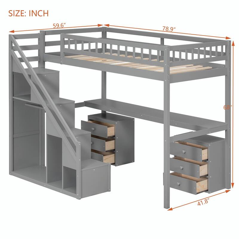 Loft Bed with Two Chest of Drawers, Integrated Desk, and LED Light Strip